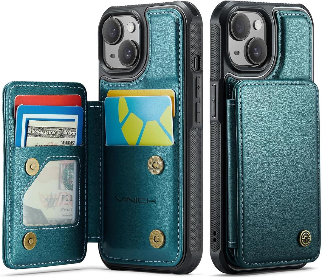 Vinich for iPhone 15 Wallet Case with Card Holder, RFID Blocking Credit Slots Kickstand Shockproof Phone Cover Fit for iPhone 15 6.1" Bluish Green