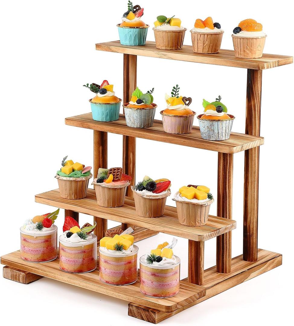 Roowest 4 Tier Wooden Cupcake Stand for 35 Cupcakes with LED Light, Rustic Tiered Dessert Stand for Cookie Biscuit Donuts Tower, Table Display Riser for Wedding Birthday Party Baby Shower Decorations
