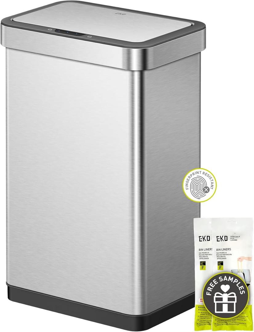 EKO EcoNova 13.2 Gallon/ 50L Automatic Sensor Kitchen Trash Can, Stainless Steel Touchless Garbage Bin with Soft-Close &Stay-Open Lid, Fingerprint-Resistant