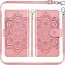 Asuwish Phone Case for Google Pixel 9 Pro XL Zipper Wallet Detachable Cell Cover with Tempered Glass Screen Protector Crossbody Strap Mandala Flower Card Holder Pixel9 9Pro 9ProXL Nine Women Rose Gold