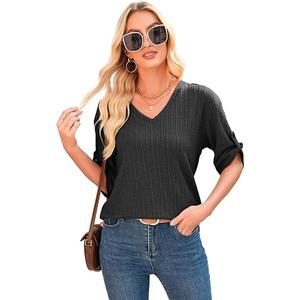 Dokotoo Women's Tops Dressy Casual V Neck Short Sleeve Rolled Hem Loose Blouses T Shirts (Black, XL)