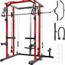 GarveeLife Power Cage, Smith Machine Squat Rack, Heavy Duty Power Rack for Home Gym with Pulley System, Dip Bar, LAT Pulldown, Multifunctional Squat Rack for Home Gym, Red
