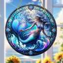 Blue Mermaid Stained Glass Window Hangings with Chain  Acrylic Mermaid Ornament for Garden, Patio and Indoor Decor, Housewarming Gift for Mom, Grandma and Marine Life Lovers