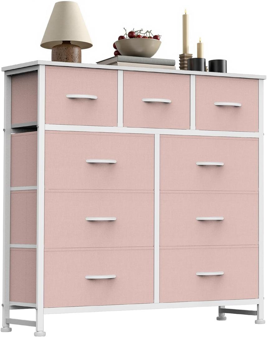 Sweetcrispy 9 Drawer Fabric Dresser Storage Tower with Wood Top and Steel Frame, Organizer Chest with Easy Pull Handles for Bedroom, Closet, Hallway,Pink
