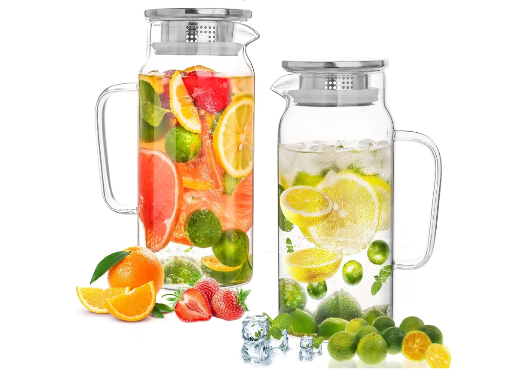 Set of 2 Glass Pitcher with Lid, 1200ml Leak Proof, Glass Water Jugs, BPA Free, Microwave & Dishwasher Safe Pitcher, Sun & Iced Tea, Sangria, Cold Brew Coffee & More