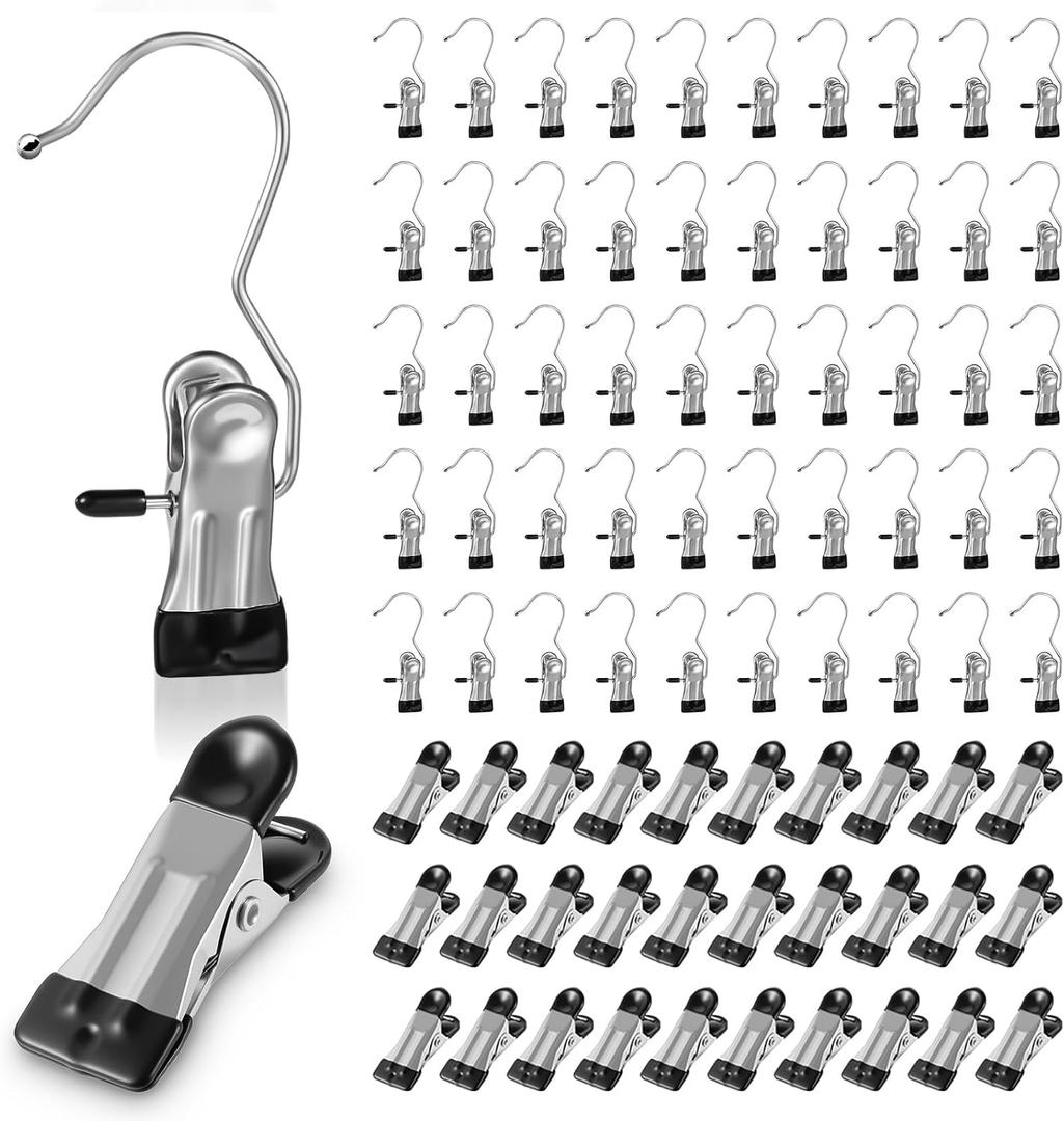 Boot Hanger Clips Hooks 50 Pcs, Heavy Duty Clothes Pins with 30 Pack Clips Portable Stainless Steel Clothespins Bulk Laundry Hooks for Closet Organizer Travel