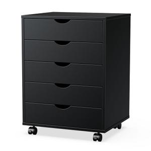 Elevon 5 Drawer Chest, Dressers Storage Cabinets Wooden Dresser Mobile Cabinet with Wheels Room Organizer, Small Drawers Wood Organization Furniture for Office, Home,Black