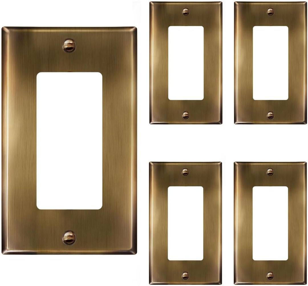 ENERLITES Decorator Switch or Outlet Metal Wall Plate, Stainless Steel Outlet Cover, Corrosion Resistant, Size 1-Gang 4.50" x 2.76", Stainless Steel 201, 7731-AB-5PCS, Antique Brass, 5 pack