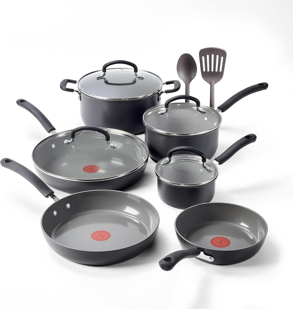 T-Fal Ultimate Hard Anodized 12-Piece Ceramic Nonstick Cookware Set, Oven Safe Up to 400F, Ceramic Pots and Pans Set, Frying Pans, Saucepan, Stockpot, Cooking Utensils, Stone