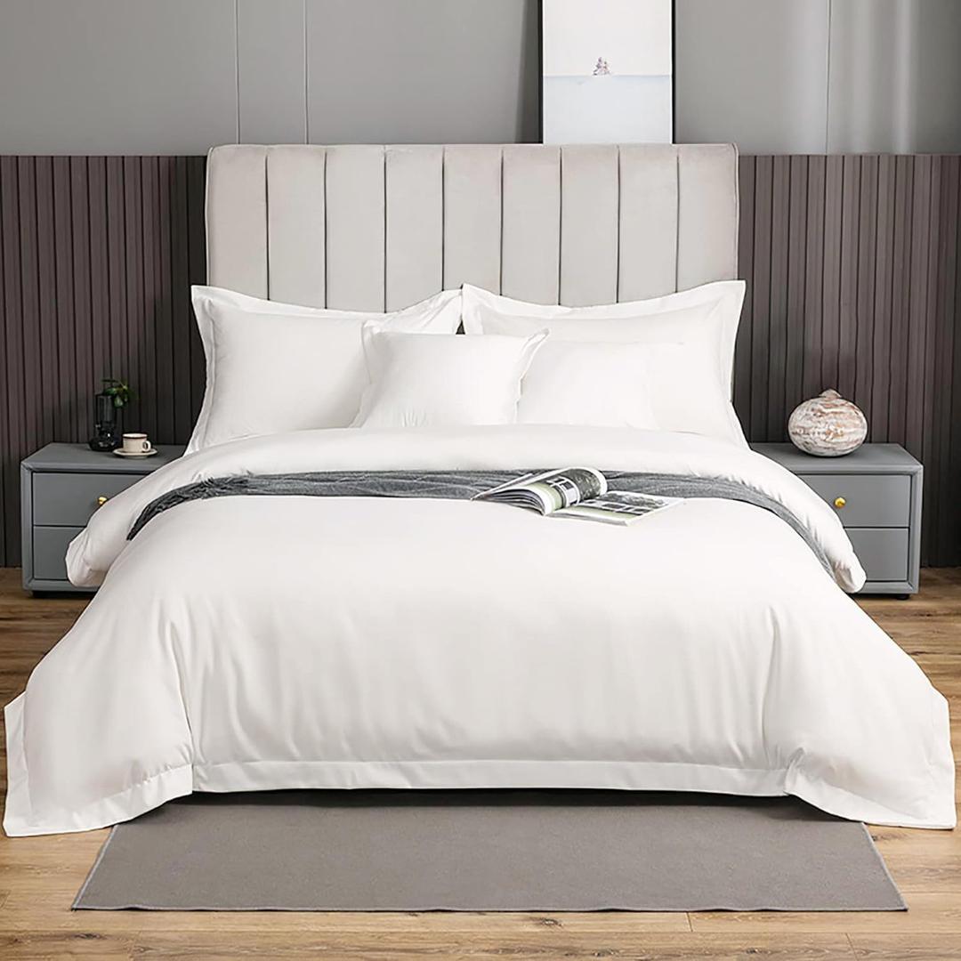 eBeddy Linens Egyptian Cotton Super King Plus 120x120 Size White Duvet Cover Set with Zipper Closer & 7 Corner Ties Soft Cozy 1 Comforter Cover and 2 Pillow Shams Durable Stitch, White Solid