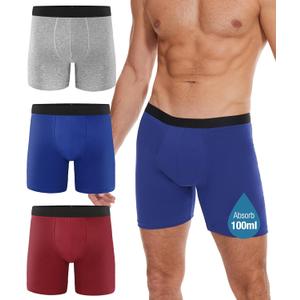 Incontinence Underwear Long Leg For Men, 100ML Absorbent Cotton Washable Leak-Proof Reusable Boxer Brief 3 Pack (US, Alpha, Large, Regular, Regular, Multicolor01)