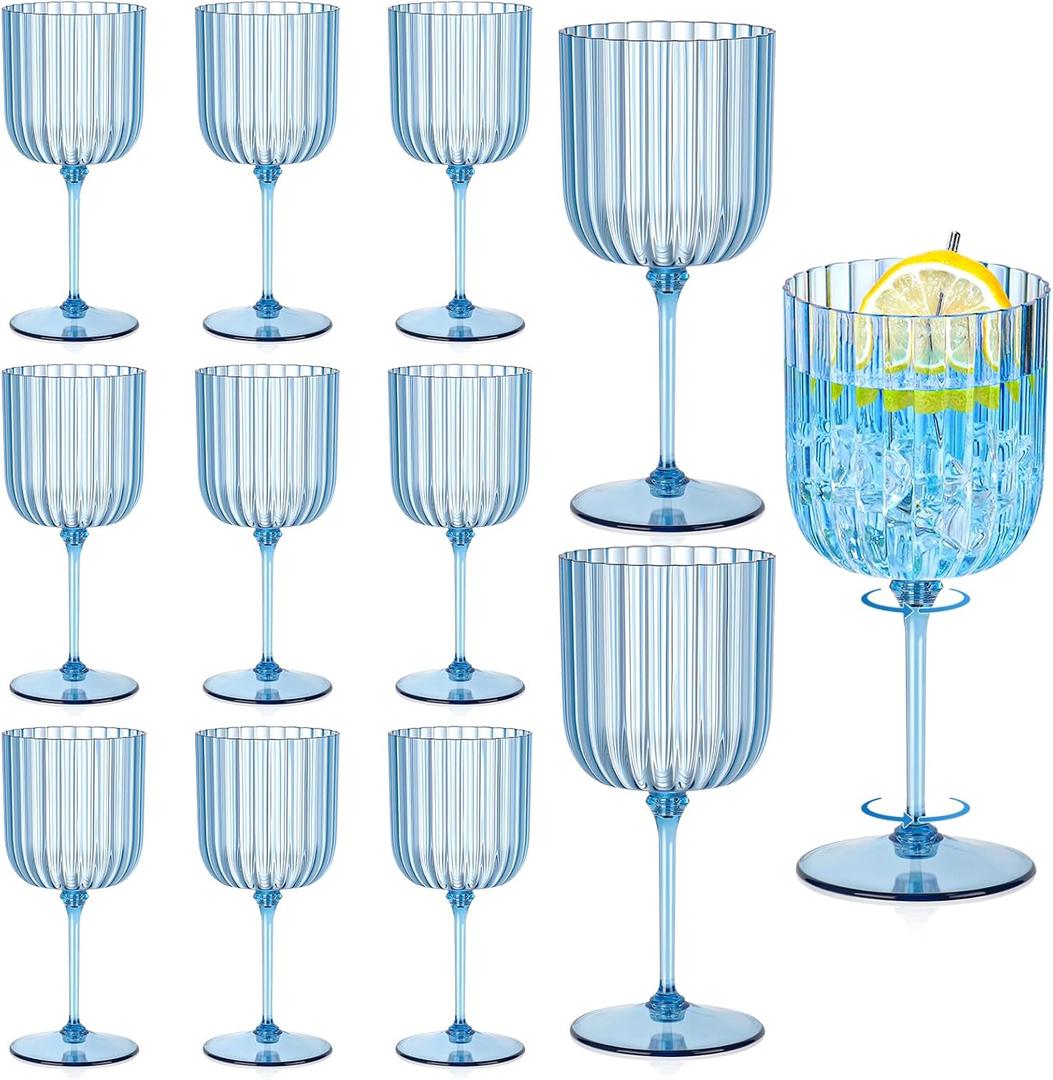 12 PCS Plastic Ribbed Wine Glasses 11oz Blue Detachable Wine Goblet Unbreakable Vintage Ripple Water Goblets Cocktail Drinking Cups for Parties Weddings Poolside Outdoors