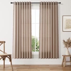 SMABU Oatmeal Boho Linen Curtains 72 Inches Long 2 Panels Set, Light Filtering Semi Sheer Drapes with Back Tab & Rod Pocket, Tassel Decor for Bohemian Farmhouse Living Room, Bedroom, 52x72