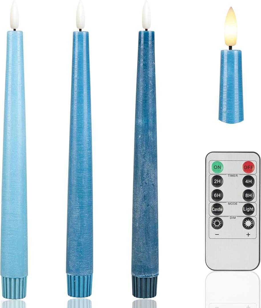 Blue Flameless Taper Candles, 9.6" Real Wax Battery Operated Candles with Remote, 3 Pack Flickering, Gradient Candlesticks, Fake Candle for Home, Wedding, Party Decor