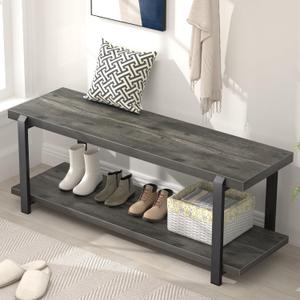 Industrial Entryway Bench with Storage, Rustic Wood and Metal Shoe Rack Bench Seat, 47 Inch Grey, Large