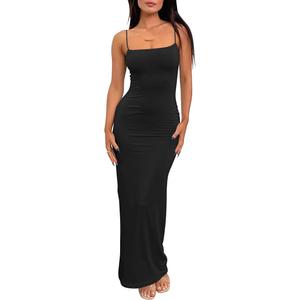 LILLUSORY Womens Summer Casual Slip Dresses Spaghetti Strap Double Lined Bodycon Maxi Dress (Black, S)