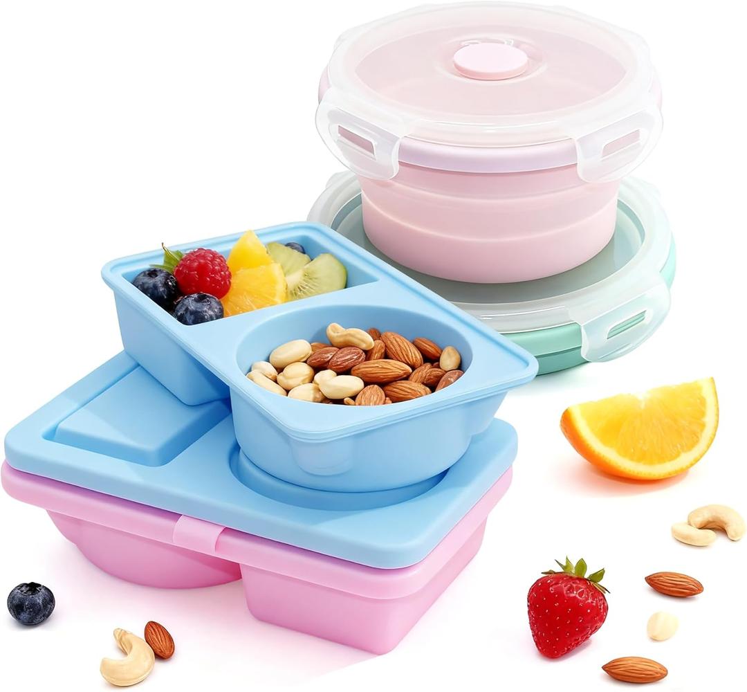 Silicone Snack Containers Set - 4 Pack Reusable Leakproof Bento Boxes with Lids, 2 Collapsible & 2 Dual Compartment Mini Food Storage for School, Sports, Meal Prep - Microwave & Dishwasher Safe