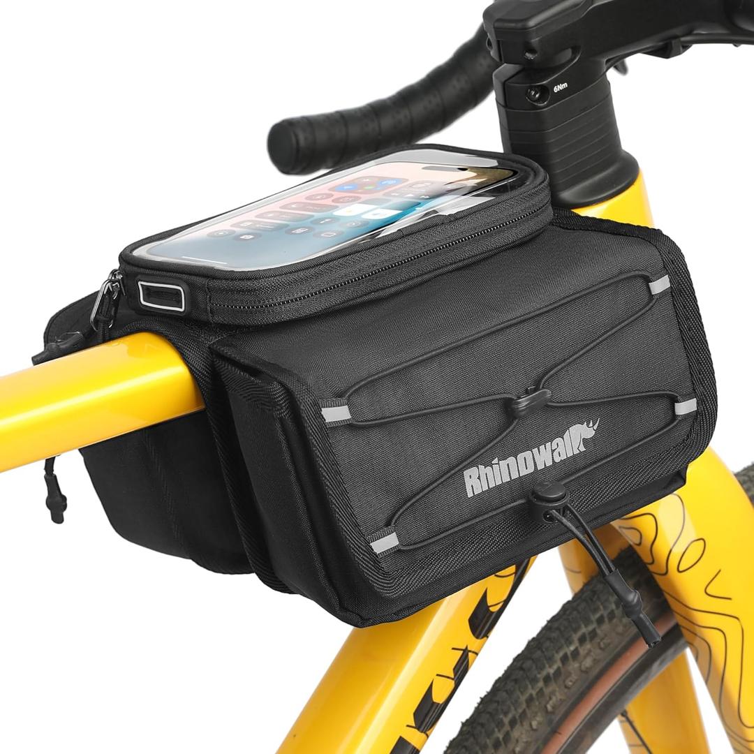 Rhinowalk Bike Front Frame Bag Bicycle Top Tube Frame Storage Waterproof Bicycle Handlebar Bag Fit Smartphone Professional Cycling Accessories-Black