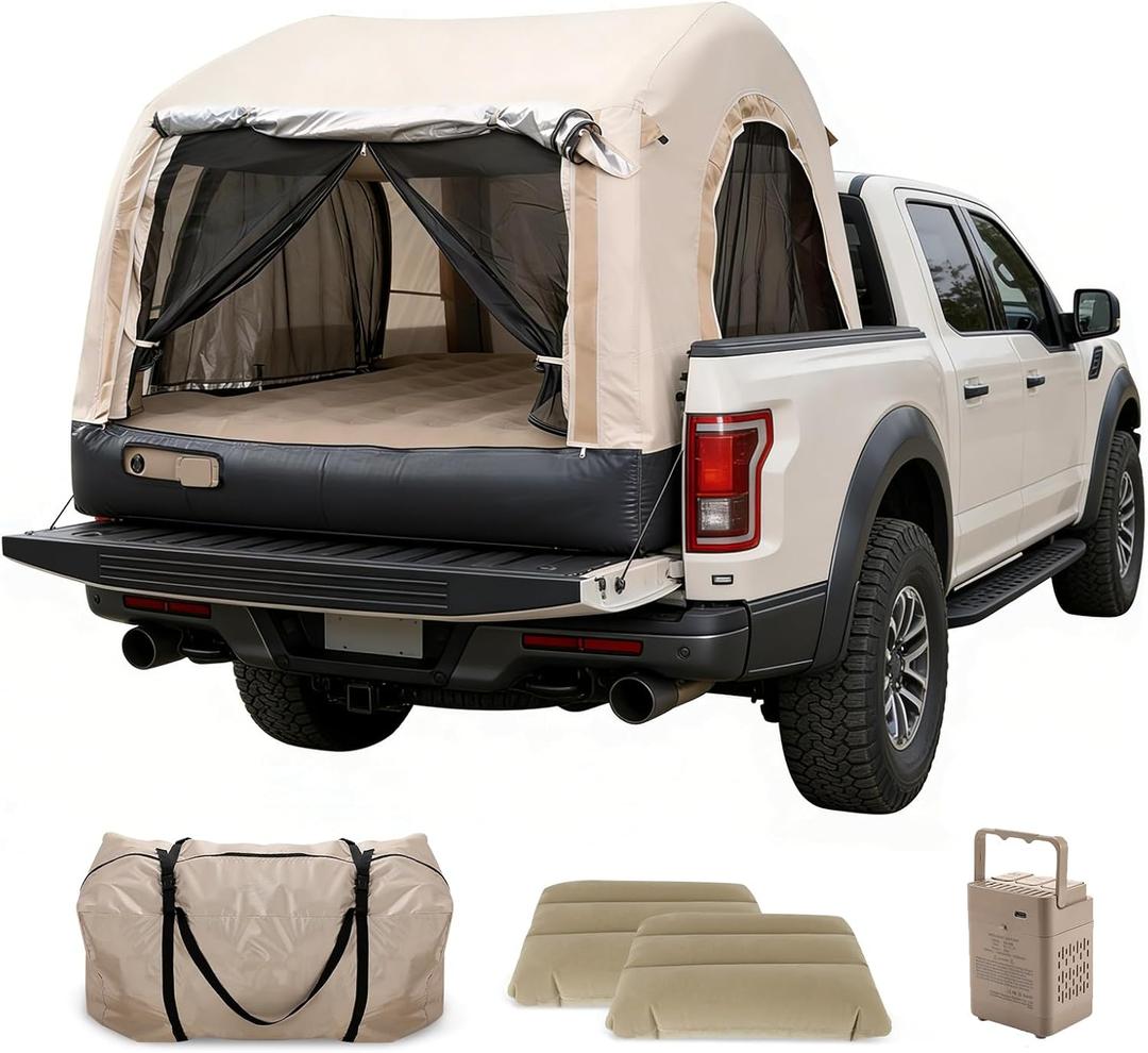 Electric Inflatable Truck Bed Tent with Mattress, Waterproof PU2000mm with Air Pump Pickup Truck Tent, Fits 5.5-6.7FT Full Size Short Bed, All-in-One Quick Setup Truck Tent for Camping, 5.5-6.5FT Full Size Short Bed