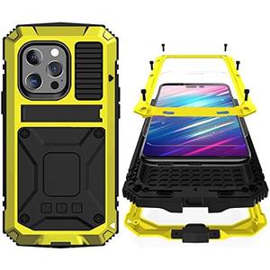 Simicoo Compatible with iPhone 14 Pro Max Metal Case with Screen Protector Camera Protector Metal Kickstand Military Rugged Heavy Duty Shockproof Case Full Body Tough Dustproof Case (Yellow)