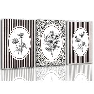 3 Pcs Vintage Floral Canvas Wall Art Bathroom Wall Painting Black And White Stripe Cottage Wildflower Poster Print Rustic Farmhouse Wall Decor for Bedroom Bathroom Living Room Office Kitchen