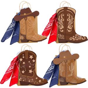 Tinlade 24 Sets Cowboy Boots Paper Bags with Paisley Bandanas Western Party Decorations Wild West Kraft Gift Bag Rodeo Cowgirl Boot Hat Goodie Bag for Bachelorette Baby Shower Last Rodeo Party