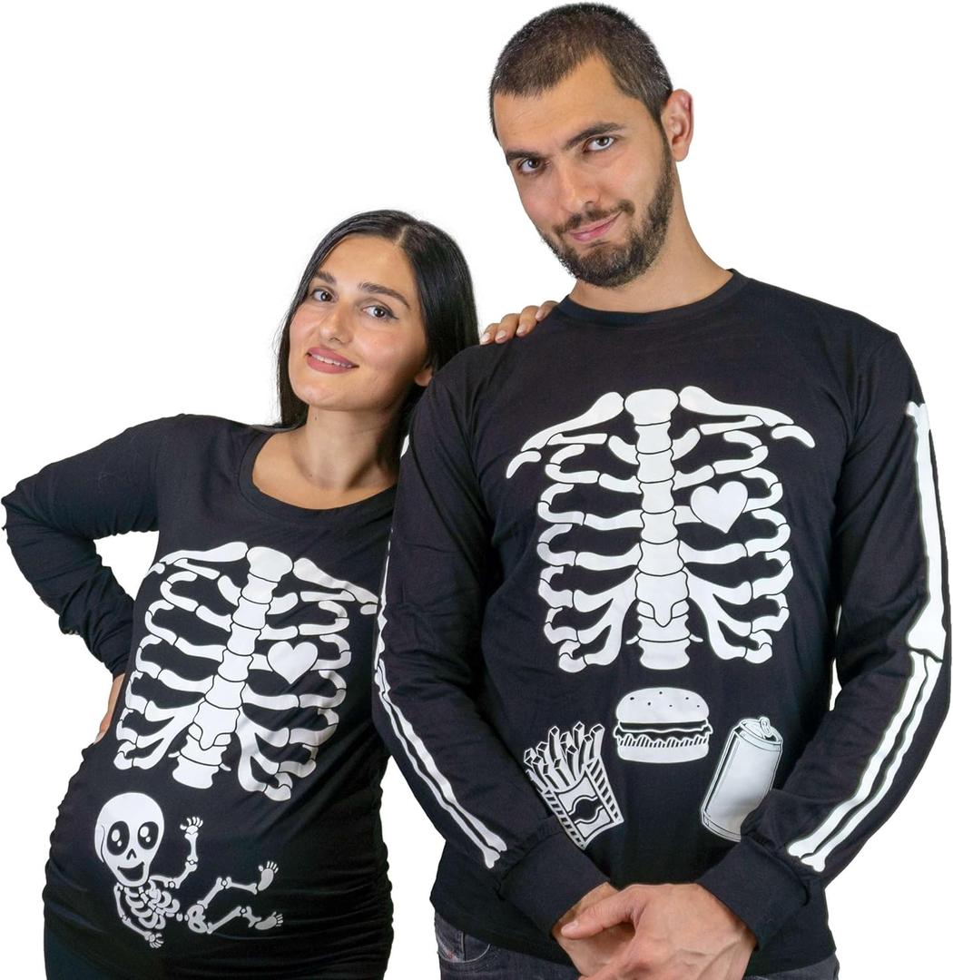 Men's Glow in The Dark Skeleton Ribcage Long Sleeve Shirt Halloween Costume Glowing tee (Mens XX-Large)