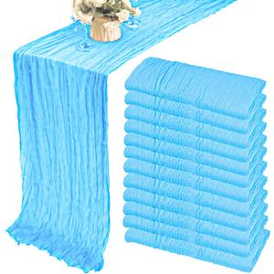 12 Pack Cheesecloth Table Runner 35x72 Inch Boho Gauze Rustic Cheese Cloth Romantic Long Table Runner for Wedding Bridal Shower Birthday Party Table Decor (Baby Blue)