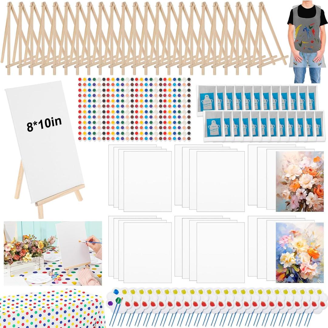 Tenceur 24 Set 8x10 Inch Canvas and Easel Set Paint Kits for Adults Bulk Art Canvas Boards for Painting with Easel Stand, Large Tablecloth, Acrylic Paint Brushes Trays Aprons for Party
