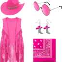 HyperFun Cowgirl Outfits for Women Western Costume Accessories Cowboy Hat Tassels Fringe Vest Earring Hippie Glasses Bandana (XX-Large, Pink)