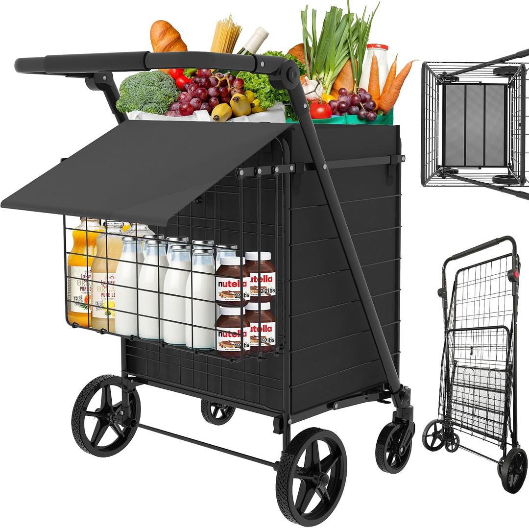 JIALIJIU 440 LBS Shopping Cart with Adjustable Handle, Waterproof Bag, 10-min Assembly Heavy-Duty Foldable Grocery Cart with 360 Swivel Wheels for Apartments, Laundry, Camping, Black