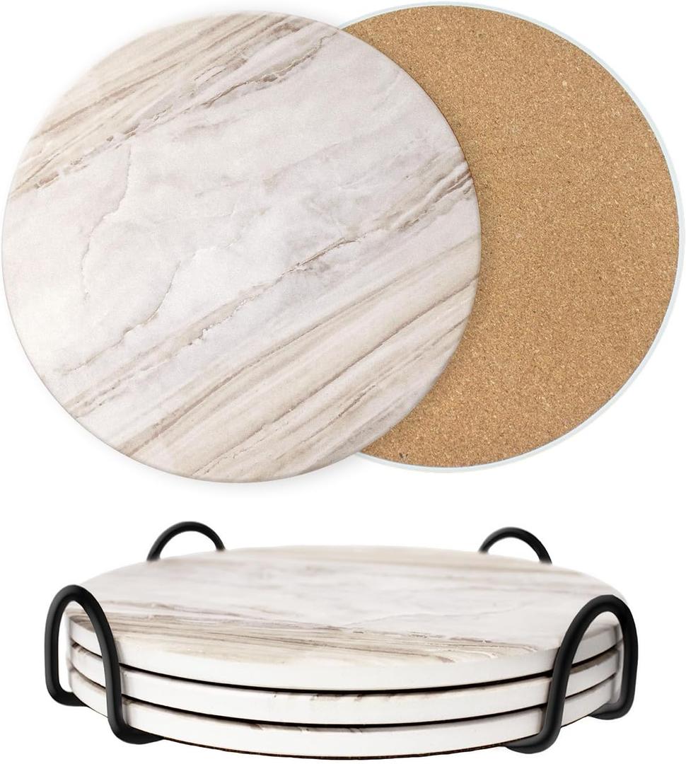 8 Inch Trivets for Hot Dishes, Pots and Pans, Marble Style Ceramic Trivet with Holder, Absorbent Heat Resistant Hot Pads with Cork Bottom Anti-Slip, for Countertops, Table, Home Essentials, Set of 3
