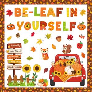2 x YQUQWN 70 PCS Thanksgiving Fall Classroom Bulletin Board Decorations Be Leaf in Yourself Paper Cutouts with Glue Points for Thanksgiving Classroom Decorations School Home Wall Door Decor