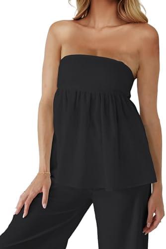 HOCANDY Womens Ruffle Peplum Tube Top Smocked Backless Long Tube Tops Casual Sleeveless Strapless Flowy Tank Top, Medium