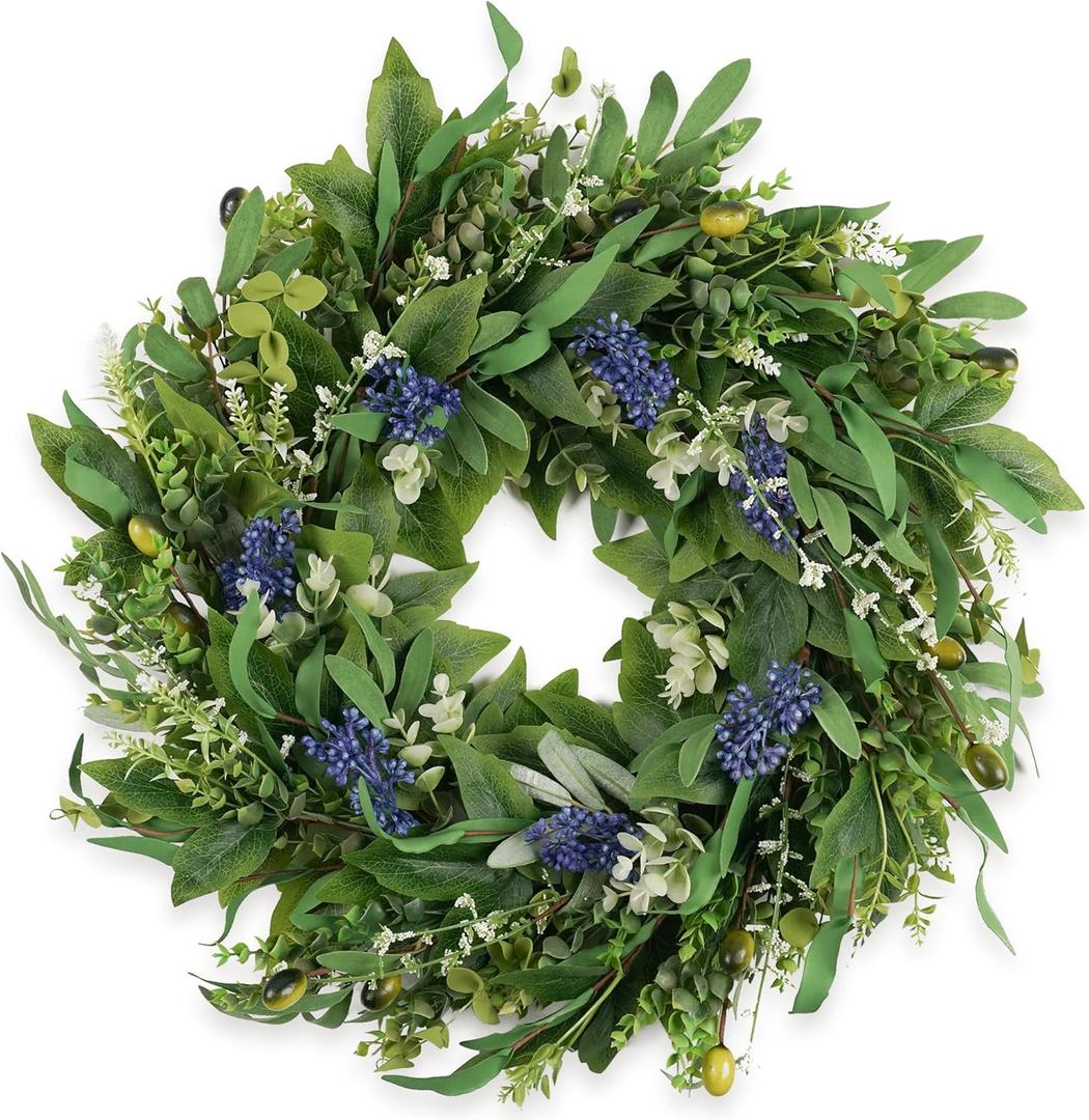 Wreaths for Front Door 22", Door Spring Wreath with Eucalyptus Olive Boxwood Leaves, Greenery Wreath Door Decoration for Spring Summer All Season Home and Outdoor