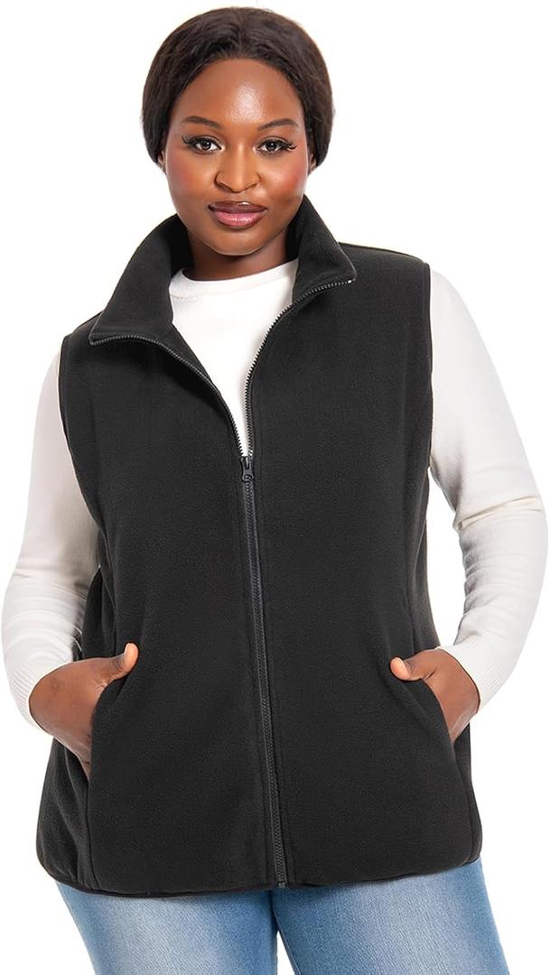 HHE Plus Size Women's Fleece Vest, 1X-5X Outerwear Lightweight Sleeveless Zip Jackets(Exclusively for Plus Size) (2X, Black)