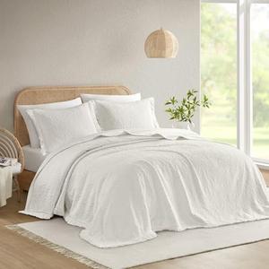 Madison Park King Bedspread Oversized Chenille Floral Bespread with Fringes, King Bedding Set Cozy Quilt, All Season Lightweight Soft King Size Bedspread, Willow, King White 3 Piece