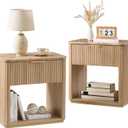Fluted Nightstand Set of 2, 23" W Night Stand with Drawer, Wood Bed Side Table with Faux Marble-Top, Curved Corner, Metal Handle, Modern Bedside Table for Bedroom, Living Room, Office, Natural Oak