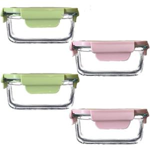 Square Glass Food storage Containers with Airtight Lids, 2 cup Food Meal Prep Containers, Square Glass Bowl For Lunch Sandwich Fruit Snack, Dishwasher Microwave Freezer Safe- (Pink+Green)