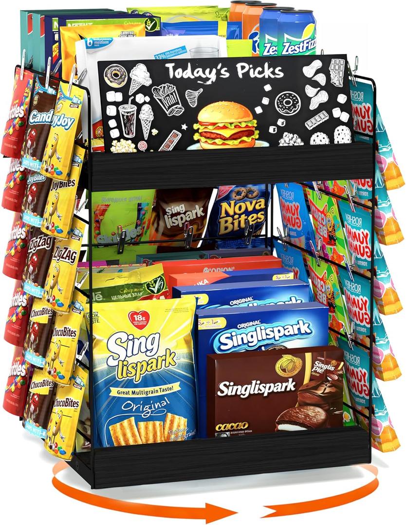 Chip Rack Display Stand, 6 Tiers 50 Clips Snack Organizer, 360 Rotating Wood Base Candy Display Rack, Portable Retail Display Shelf for Countertop, Office, Store, Kitchen, Party