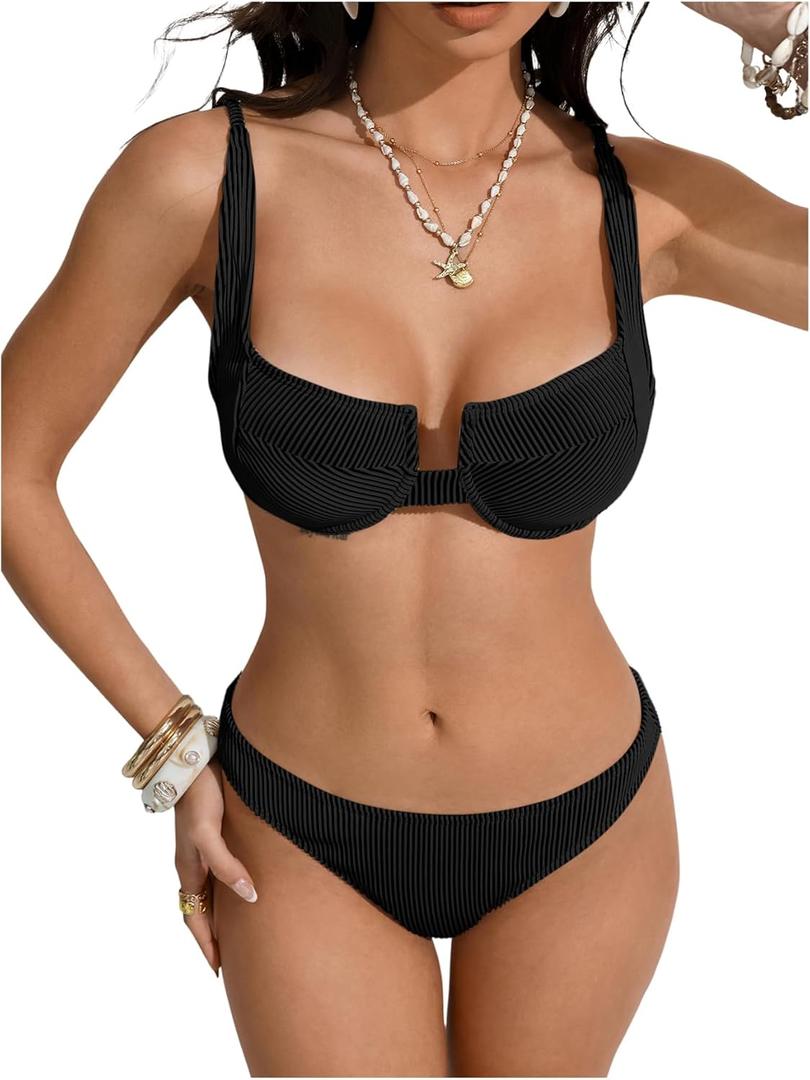SweatyRocks Women's 2 Piece Bikini Set Striped Print Spaghetti Strap Push Up Swimsuit (Black, M)