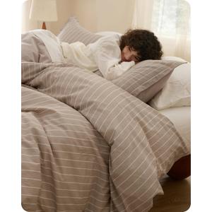 Bedsure Striped Duvet Cover King Size, 100% Washed Cotton PureWoven Duvet Cover Linen Like Textured, Classic Striped Pattern Enhances Bedroom Comfort and Style, Stripes Tan/White, 104"x90"