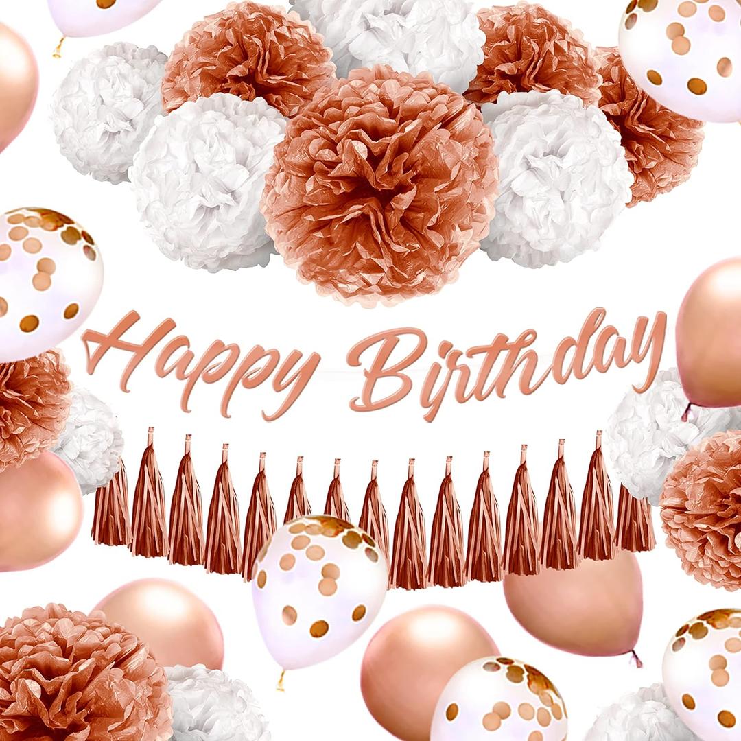 EpiqueOne 36-Piece Rose Gold Birthday Kit | Includes Happy Birthday Banner, Rose Gold Balloons, Tissue Pom Poms & Tassels | Easy to Set Up | Also Ideal for Bridal and Baby Showers & More
