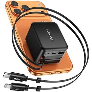 iVANKY 65W Retractable Wall Charger for MacBook, 5-in-1 USB C+Lightning GaN Charger Block with Cables, 33.5 inches, PD PPS Fast Charging, 5-Port Power Adapter for iPhone 17/16/15 Pro Max, MacBook Neo