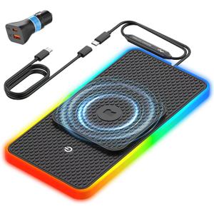 Wireless Car Charger Pad, REESTECQI 15W RGB Wireless Charger for Car Type C Non Slip Charging Pad for Car Compatible with Airpods iPhone16/15/14/13/12, Samsung Google (30CM+ 70CM Extension)