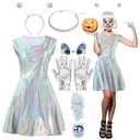 Xtinmee 5 Pcs Halloween Alien Costume Set Metallic Dress Sunglasses Necklace Headband for Girls Kids, XL