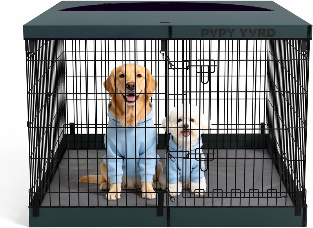 Dog Playpen with Top Cover and Bottom Pad - Foldable Metal Puppy Play Pen, 25"L x 2"W x 37"H Style 36"H 8Panels, Pattern Name: Playpen+Square Bottom Pad+Top Cover