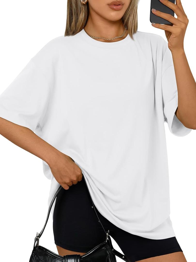 Trendy Queen Womens Oversized Summer T Shirts Plus Size Spring Cute Casual Tops Short Sleeves Fashion Workout Clothes (White, XL)