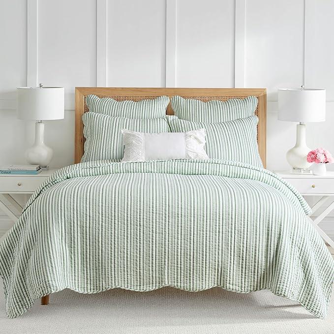 Levtex Home Martha Stripe Sage Reversible King/Cal King Quilt Set (106x92in) with 2 Pillow Shams (36x20in) - Stripe Bedding - Sage, White - Cotton King Size Quilt Bedding Set - Scalloped Edge