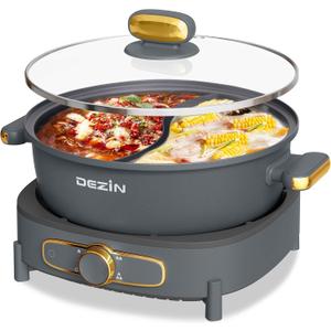 Dezin Hot Pot Electric with Divider, 6L Double-Flavor Shabu Shabu Pot, Dual Sided Removable Non-Stick Hotpot Pot Electric, 3" Depth Chinese Hot Pot with Multi-Power Control, 2 Silicone Ladles Included